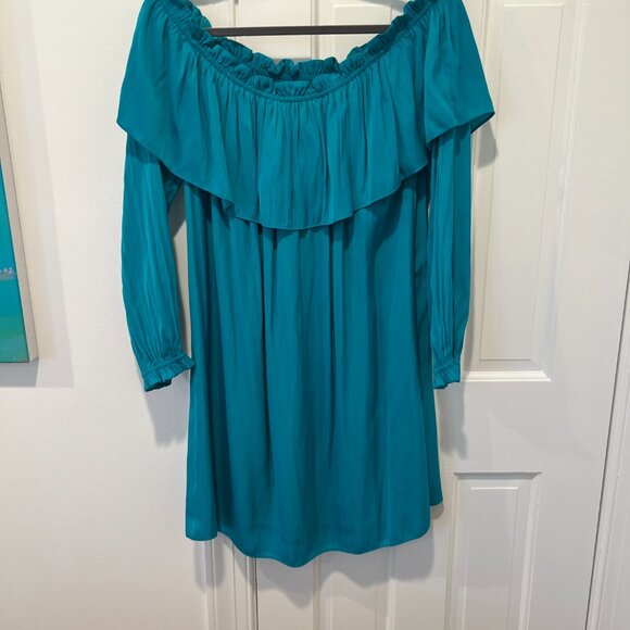 Lilly Pulitzer Dee Dee Mini Dress Sz XL Malachite Teal Blue Off Shoulder Ruffle - Picture 3 of 7